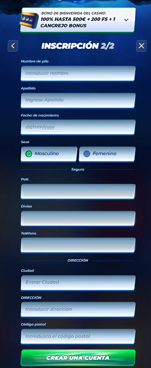 Formulario de inscripción paso 2 en Bassbet Casino