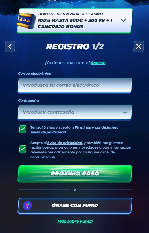 Formulario de registro paso 1 en Bassbet Casino