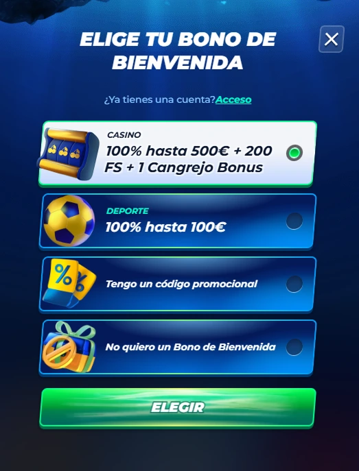Pantalla para elegir bono de bienvenida en Bassbet Casino